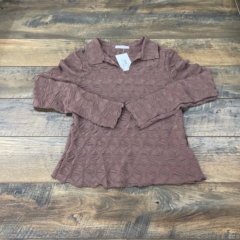 Ces Femme Brown Textured Collared Blouse Long Sleeve Top Large Boho Cottage NWT